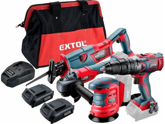 Extol 8898314 Set Eckiges Rad & Bohrschrauber & Stichsäge & Sander 20V mit 2 Batterien 2Ah und Hülle