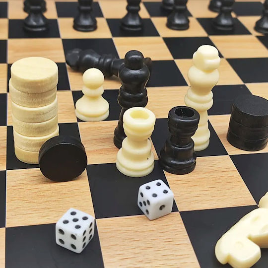 Zola Wooden Chess and Board Game Set Plastic Pieces 2 Dice 23x23 Cm Brown Black