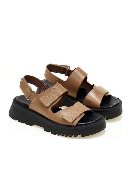 Leather Women's Flat Sandals Flatforms in Brown Color