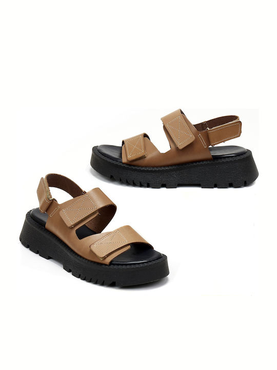 Leather Women's Flat Sandals Flatforms in Brown Color