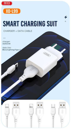 XO Φορτιστής με Θύρα USB-A και Καλώδιο micro USB Λευκός (L99)