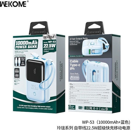 WK WP-53 Power Bank 10000mAh 22.5W με Θύρα USB-A και Θύρα USB-C Γαλάζιο