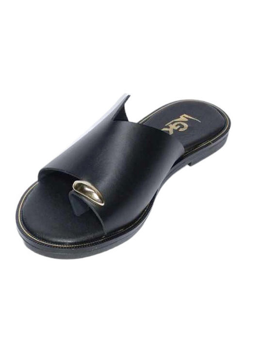 Gk Shoes Leather Women's Flat Sandals in Black Color