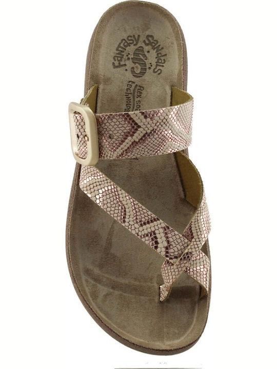 Leather Women's Flat Sandals Rosegold Lizard