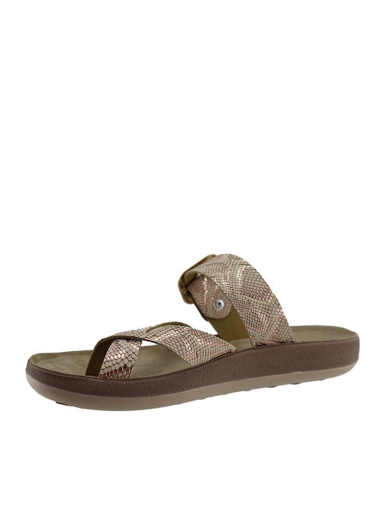 Leather Women's Flat Sandals Rosegold Lizard