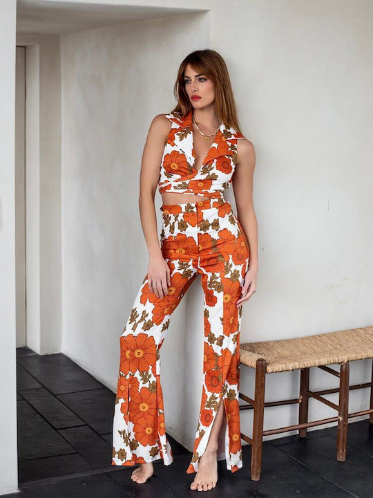 Abstracto Clothing Women's Fabric Trousers Floral Orange