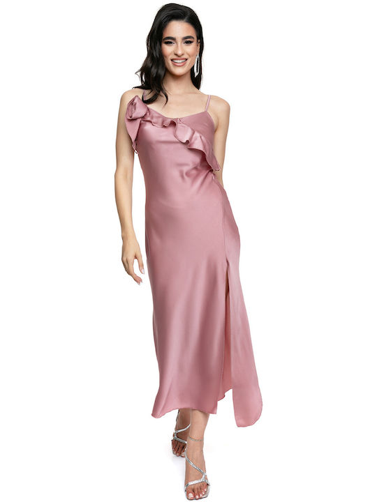 Midi Satin Rosa Kleid Rüschenöffnung