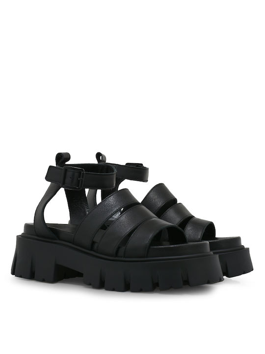 Tsakiris Mallas Leather Women's Flat Sandals Flatforms in Black Color