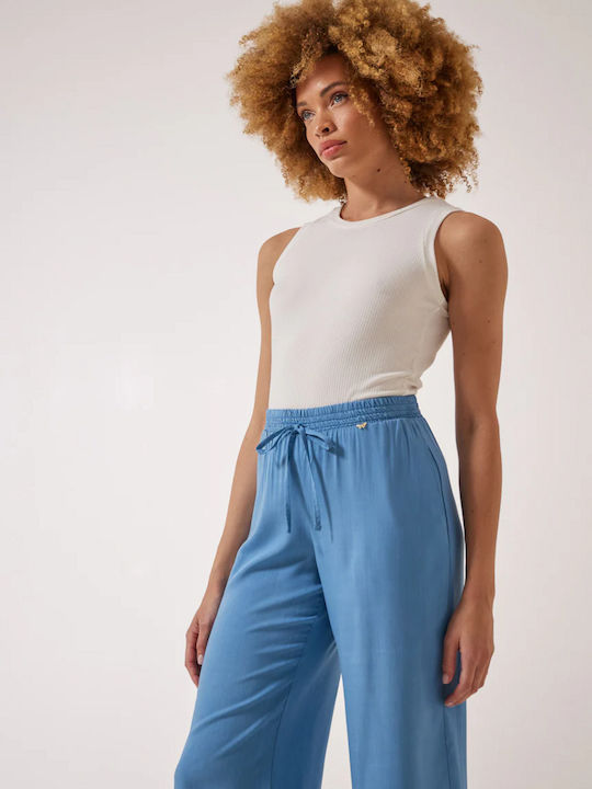 Enzzo Women's High Waist Fabric Capri Trousers with Elastic Light Blue