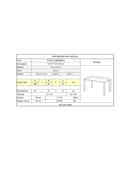 Venti Table Kitchen Wooden Walnut 120x80x75cm