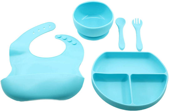 Set 5 Piese Diversificare pentru Copii din Silicon: Bavetă Flippy, Farfurie Compartimentată, Castron cu Ventuză, Tacâmuri cu Ventuză, Fără Alergeni, Albastru