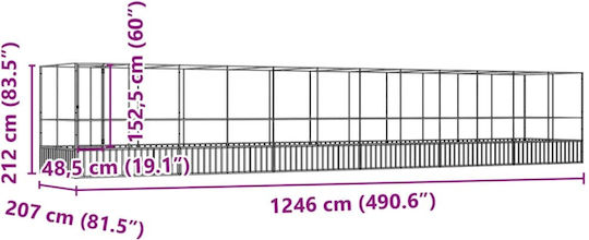 vidaXL Κλουβί Πτηνών 1246x207x212εκ. Ασημί