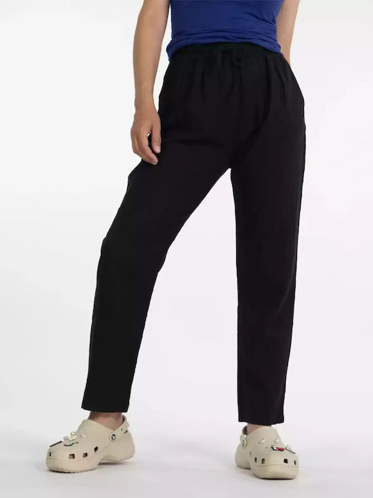 Leinenhose mit weitem Bein und Taschen - Schwarz