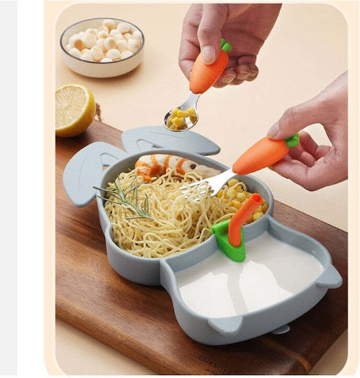 Set de Diversificare pentru Bebeluși Flippy din Silicon 26 X 15 Cm 1 Farfurie cu 1 Compartiment în Forma de Iepuraș Linguriță Furculiță Paie Perie pentru Paie cu Ventuză Fără Alergeni Formă Creativă