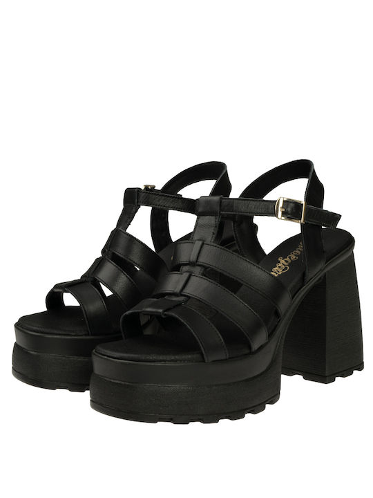 Shoegar Platform Leather Women's Sandals Black with High Heel