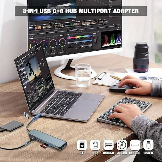 USB Hub 5 USB 3.0 Ports with USB-A USB-C Connection Gray