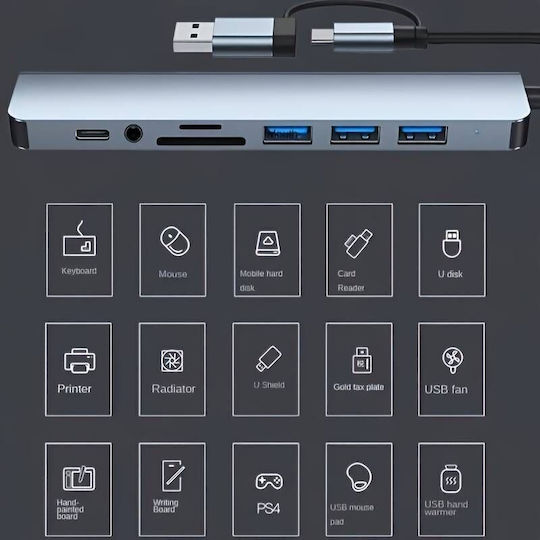 USB Hub 5 USB 3.0 Ports with USB-A USB-C Connection Gray