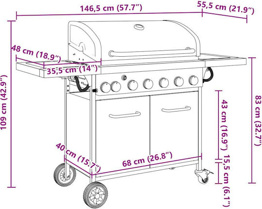 vidaXL Gasgrill Rost 73cmx40cmcm mit 7 cm 18.2kW und Seitenbrenner