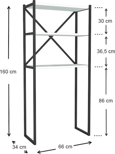 Megapap Mindy Boden Badezimmerregal Metallisch mit 3 Regalböden 66x34x160cm Black/White