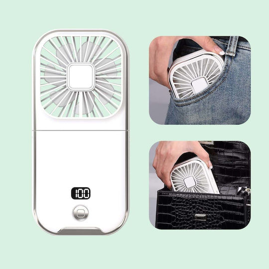 Portable Flippy Fan 3 In 1 Handheld Neck Desk 16.7 X 8 X 1.9 Cm 3 Speed Levels Usb Charging Foldable Digital Display Phone Holder White