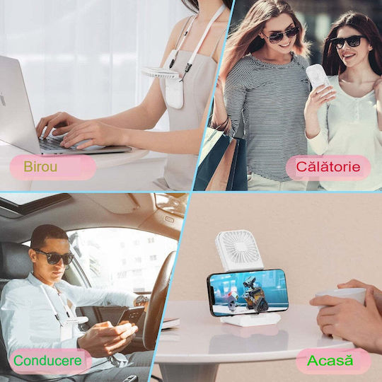 Portable Flippy Fan 3 In 1 Handheld Neck Desk 16.7 X 8 X 1.9 Cm 3 Speed Levels Usb Charging Foldable Digital Display Phone Holder White