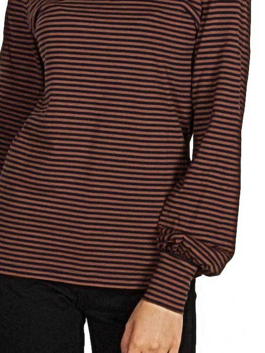 Women's Blouse Cotton Long Sleeve Turtleneck Striped Red