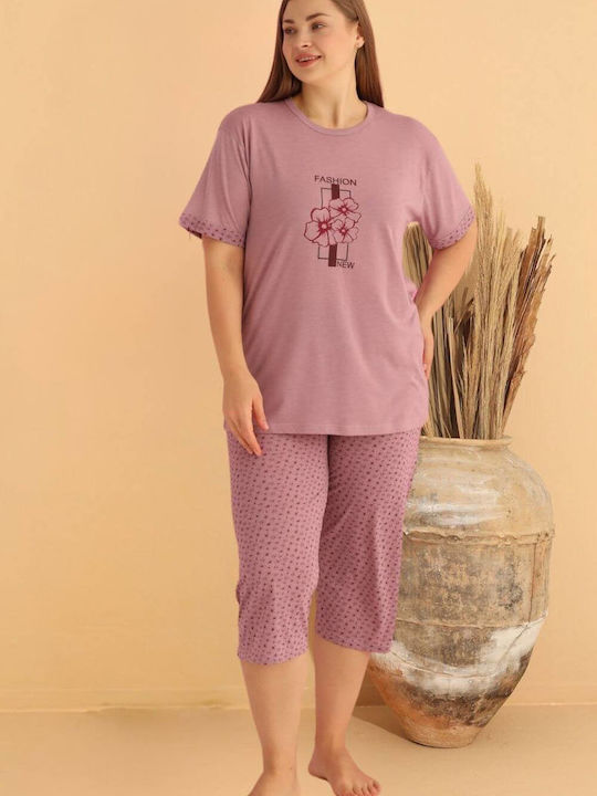 Damen Capri Kurzarm Pyjama 10274 Lila