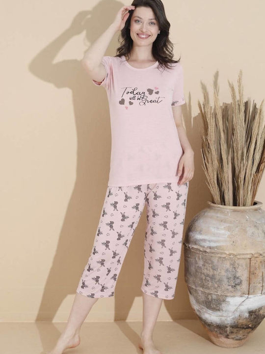 Damen Capri Kurzarm Pyjama 10677 Pink