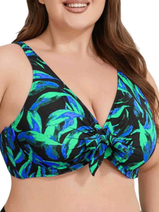 Set bikini cu imprimeu floral negru și verde, cu decolteu în V, mărime plus