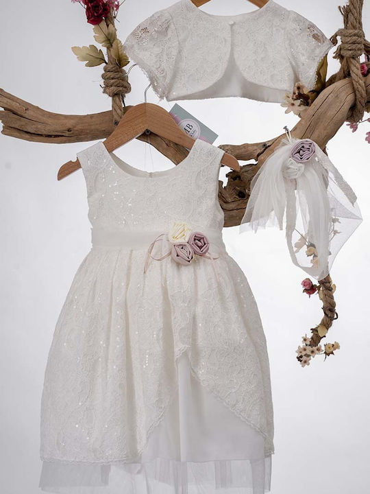 Mak White Baptism Clothing Set with Hair Accessories , Cardigan & Dress made of Lace 3pcs