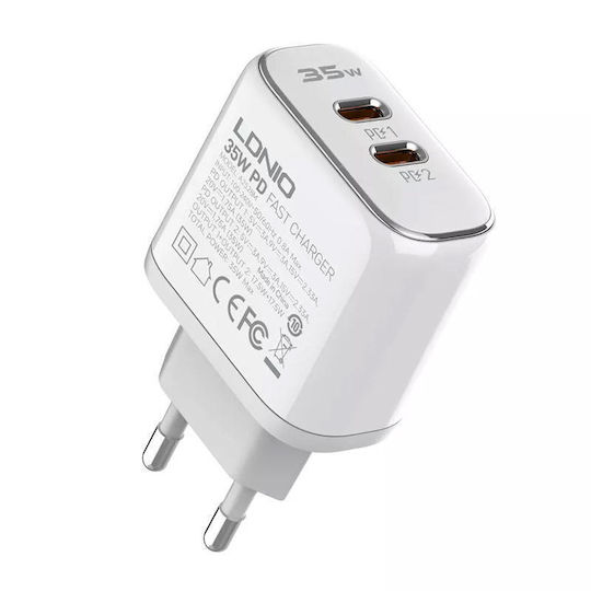 Ldnio Ladegerät mit 2 USB-C Anschlüsse und Kabel USB-C - Lightning 35W Stromlieferung Weißs (A2528M)