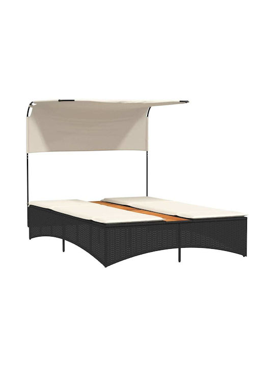 Liegestuhl Doppelter Rattan mit Kissen & Sonnenschirm Schwarz 136x202x140cm.