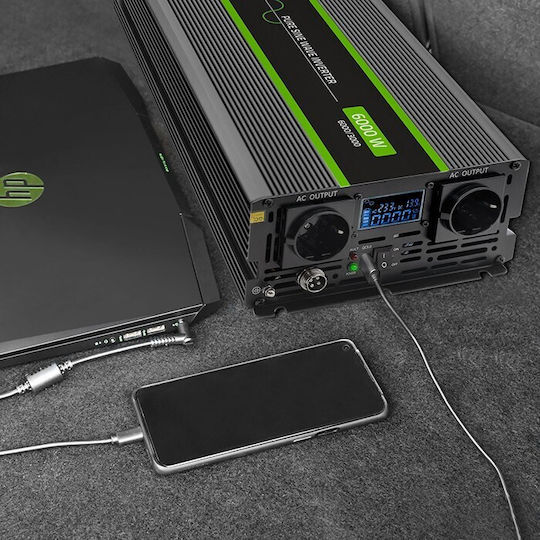 Qoltec Inverter für Autos Reine Sinuswelle 3000W zur Umwandlung von 12V DC in 230V AC mit 1xUSB