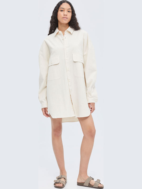 Дълъг Ръкав Лен Overshirt в Прекалено Голяма Линия Бежово