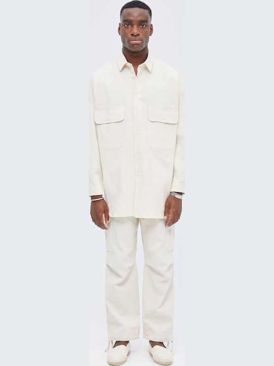 Дълъг Ръкав Лен Overshirt в Прекалено Голяма Линия Бежово