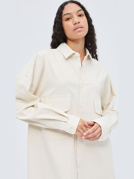 Дълъг Ръкав Лен Overshirt в Прекалено Голяма Линия Бежово