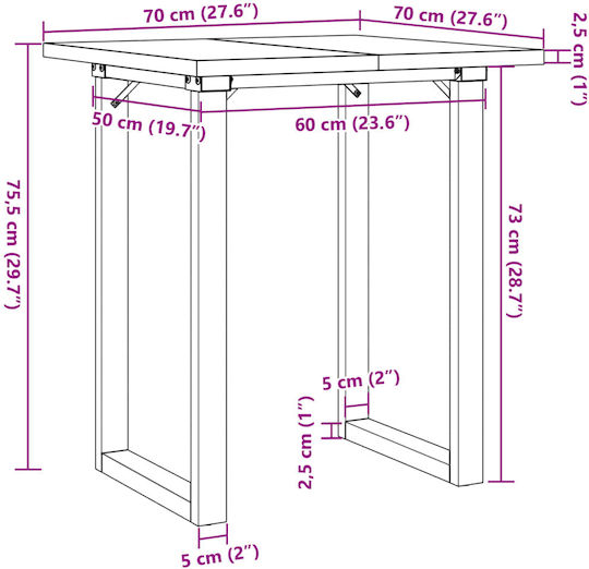 Square Table Dining Room from Solid Wood & Metal Coffee 70x70x75.5cm