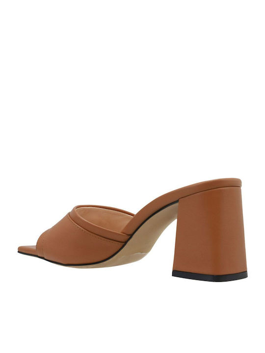 Leather Mules with Chunky High Heel in Tabac Brown Color