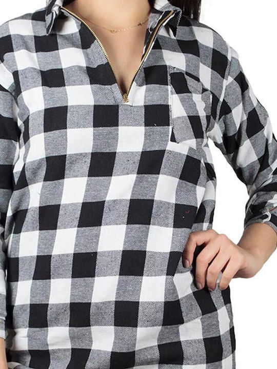 Women's Blouse Cotton Checked Black