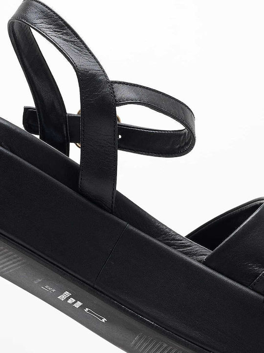 Leather Women's Flat Sandals Flatforms in Black Color