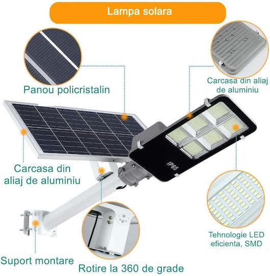 Lampă Solară Stradală 12W 7200lm Alb Rece 6500K cu Senzor de Mișcare și Telecomandă IP65 38.6cmx13.3cmx6.5cmcm