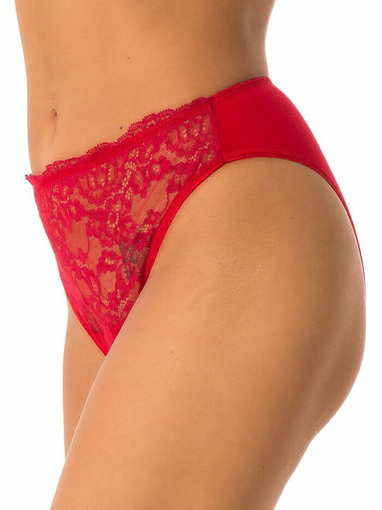 High waisted cotton panties with lace - Red