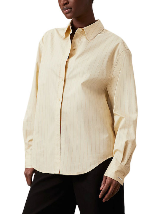 Calvin Klein Women's Striped Long Sleeve Shirt Coffee- Beige