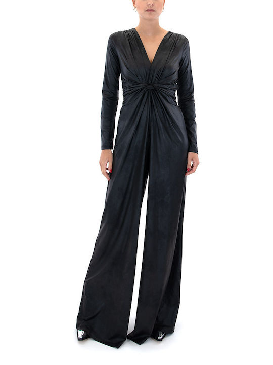 KRAMMA FAUX LEATHER V NECK LONGSLEEVE JUMPSUIT WOMEN KRAMMA ΜΑΥΡΟ (136-886-0652-BLACK)