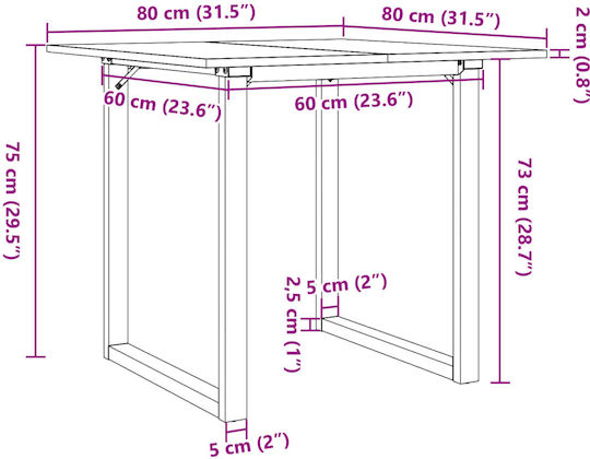 Square Table Dining Room from Solid Wood & Metal 80x80x75cm