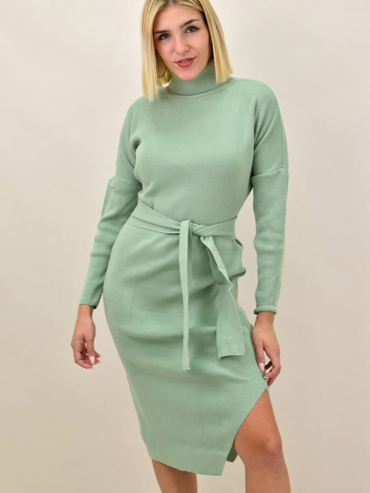 Short knitted dress with slit and belt Pistachio 9229