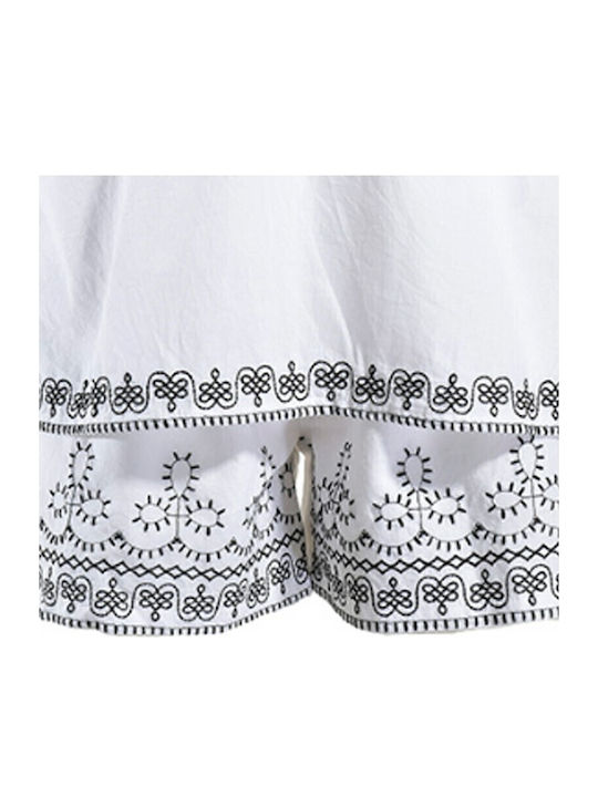 White Black Embroidered Blouse Shorts Set One Size 100% Cotton