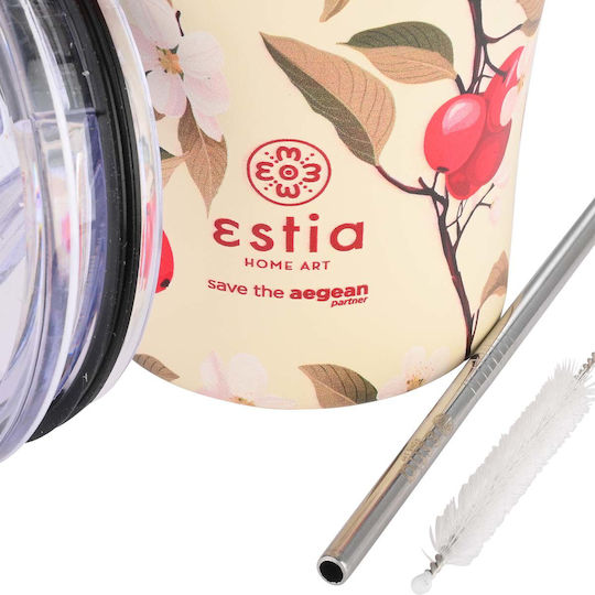 Estia Coffee Mug Save The Aegean Glas Thermosflasche Rostfreier Stahl BPA Frei 350ml Sakura Flüstern Estia mit Stroh