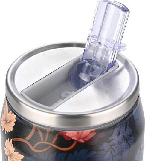 Estia Travel Cup Save the Aegean Recyclable Glass Thermos Stainless Steel / Plastic BPA Free 500ml Midnight blossom with Straw