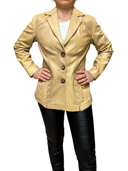 MARKOS LEATHER Women's Short Lifestyle Leather Jacket for Winter Beige